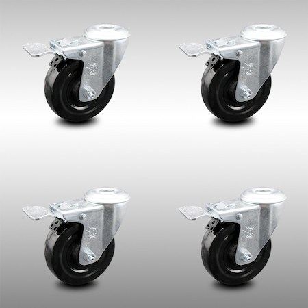 Service Caster 4 Inch SS Hard Rubber Wheel Swivel Bolt Hole Caster Set with Total Lock Brake SCC-SSBHTTL20S414-HRS-4